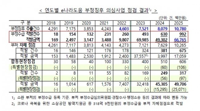 연도별 e나라도움 부정징후 의심사업 점검 결과