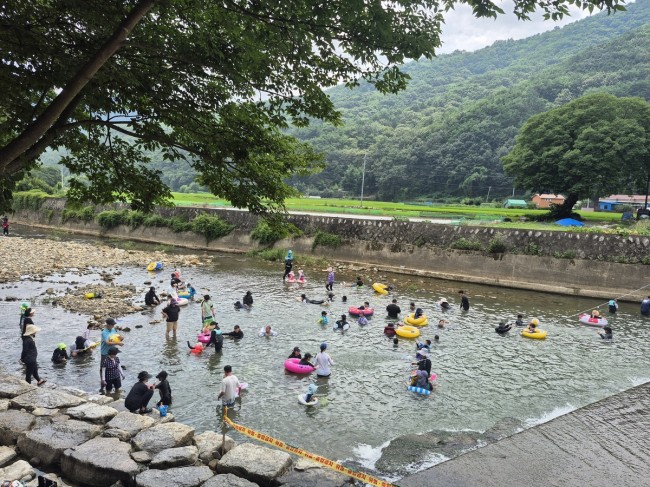 지난해 휴가철에 거락계곡에서 물놀이하는 피서객들